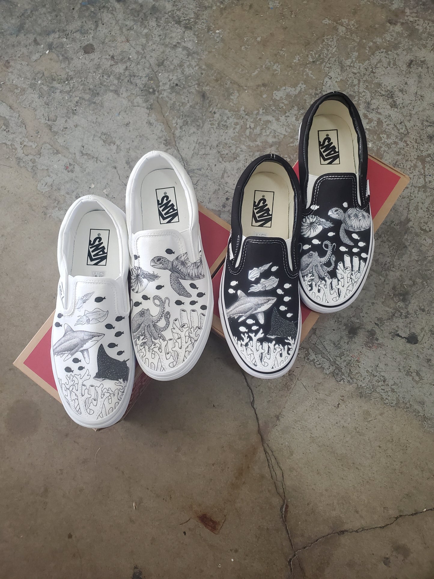 Coral Reef Slip On Vans - Available in Black and White - Custom Vans Shoes