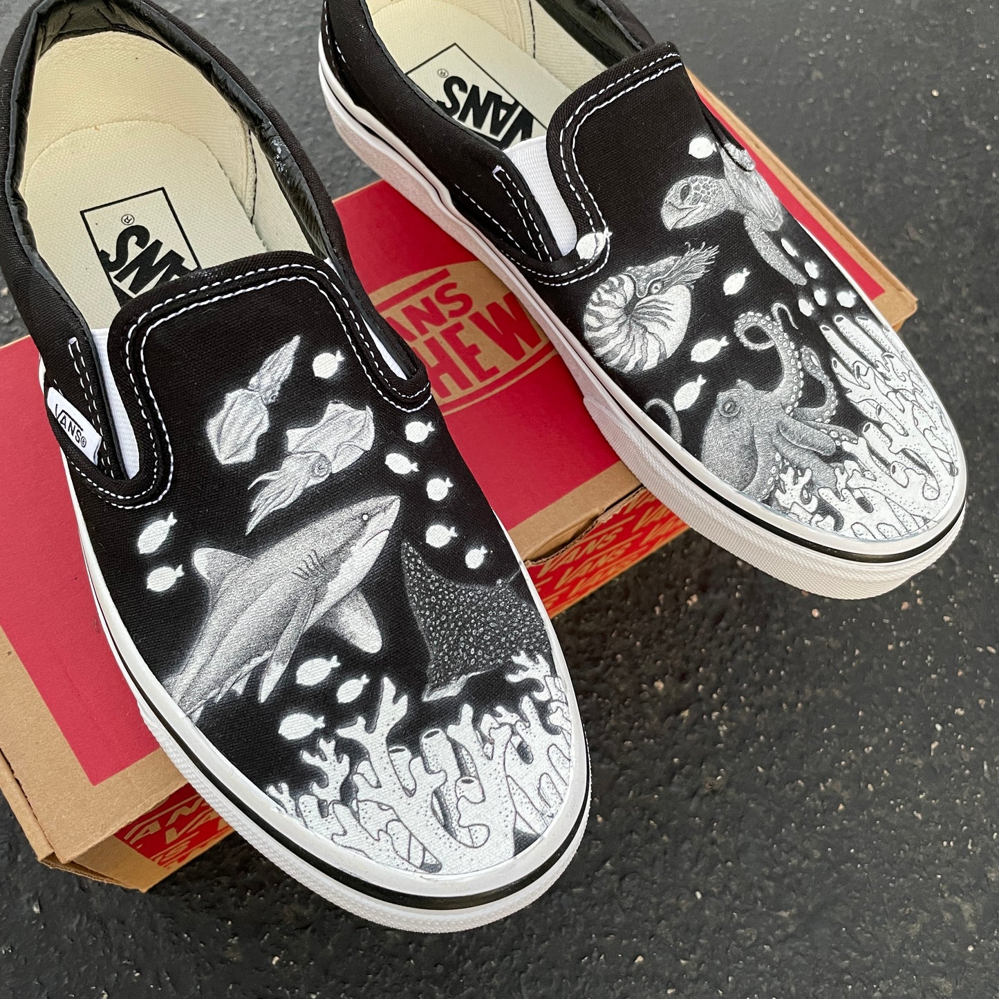 Coral Reef Slip On Vans - Available in Black and White - Custom Vans Shoes