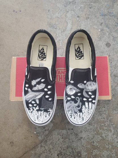 Coral Reef Slip On Vans - Available in Black and White - Custom Vans Shoes