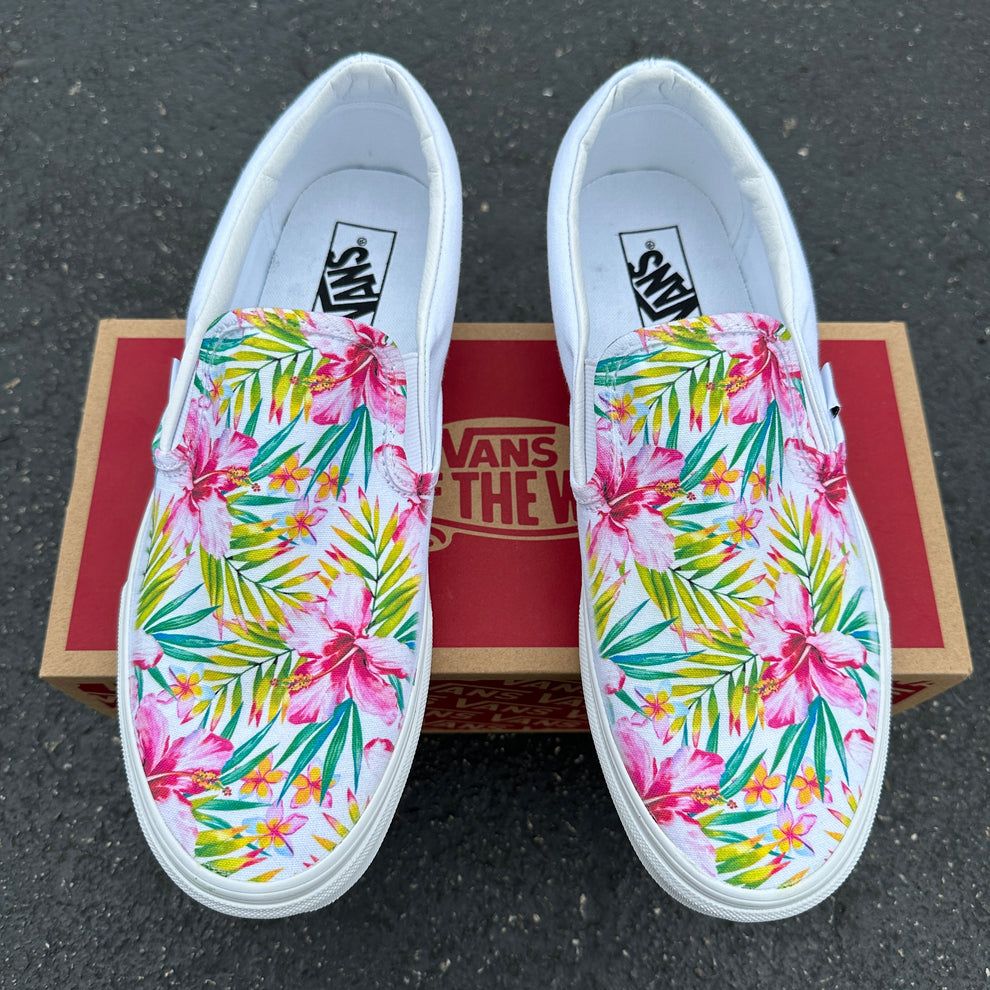 Pink Tropical Hibiscus Plumaria - Custom Vans White Slip On Shoes ...