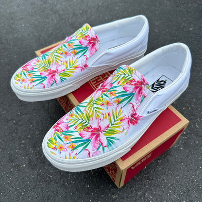 Pink Tropical Hibiscus Plumaria - Custom Vans White Slip On Shoes