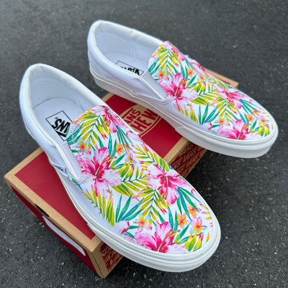 Pink Tropical Hibiscus Plumaria - Custom Vans White Slip On Shoes