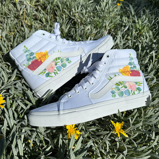 Rose Flower Red Yellow Pink Floral Spring Design - White Sk8-Hi Vans