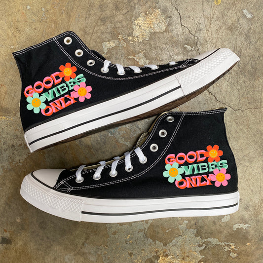 Good Vibes Only Floral High Top Converse - Custom Converse Shoes