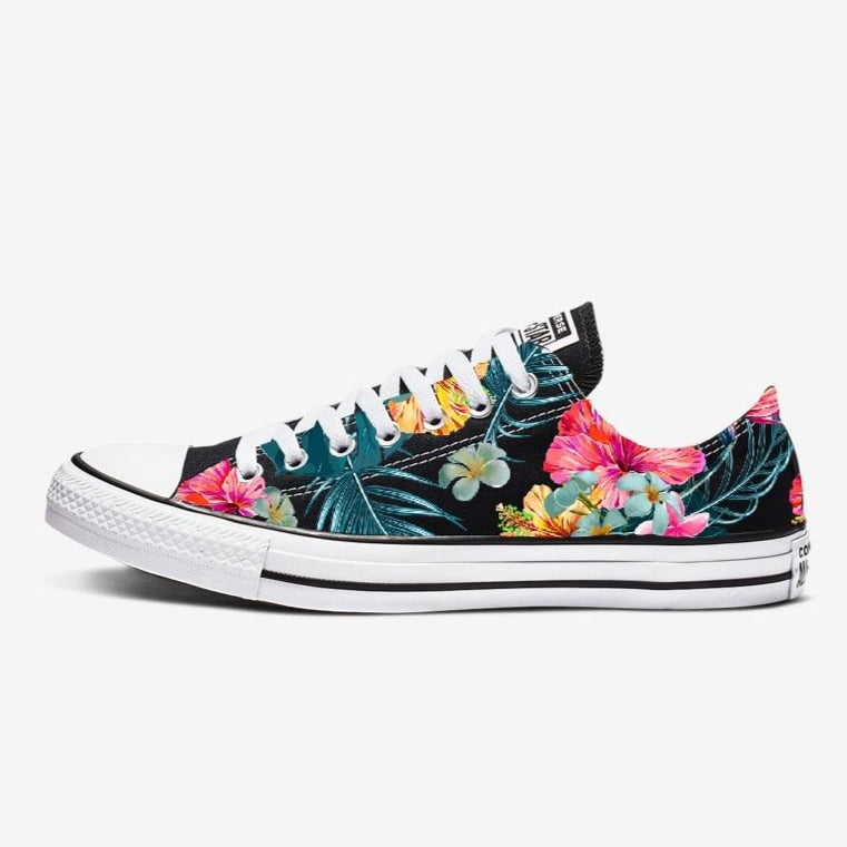 Tropical Floral Sneakers - Custom Black Low Tops