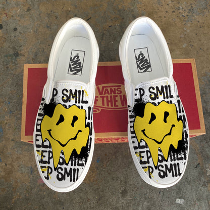 Custom Vans Shoes - Drippy Smiley Face Keep Smiling Graffiti