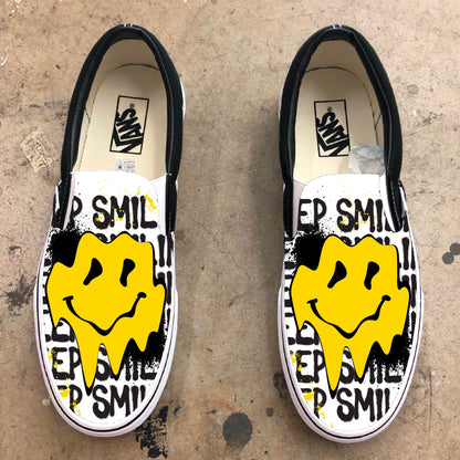 Custom Vans Shoes - Drippy Smiley Face Keep Smiling Graffiti