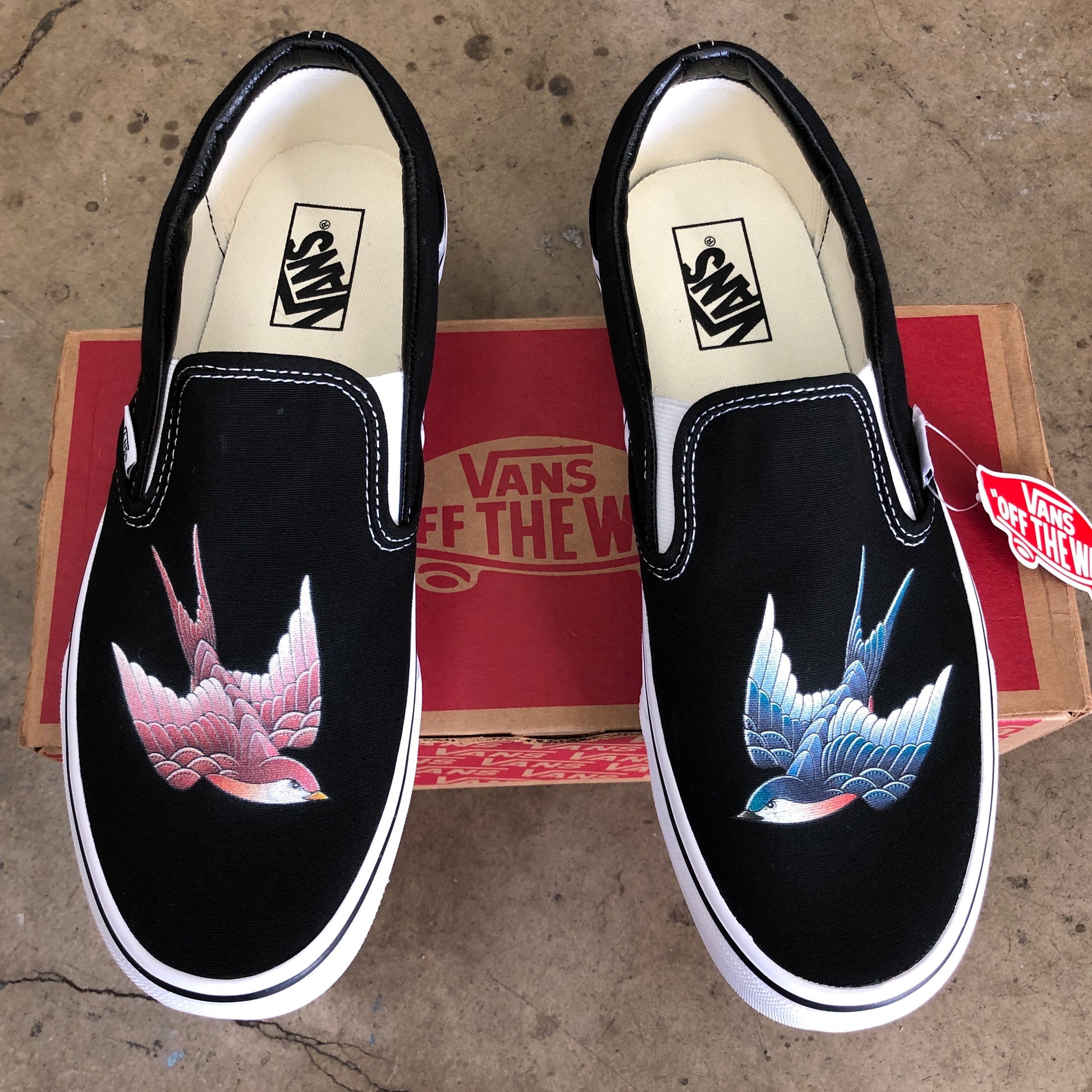 Blue & Pink Swallows - Custom Slip Ons - Custom Vans Shoes