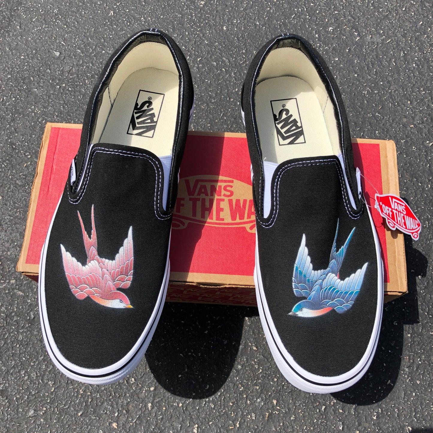 Blue & Pink Swallows - Custom Slip Ons - Custom Vans Shoes