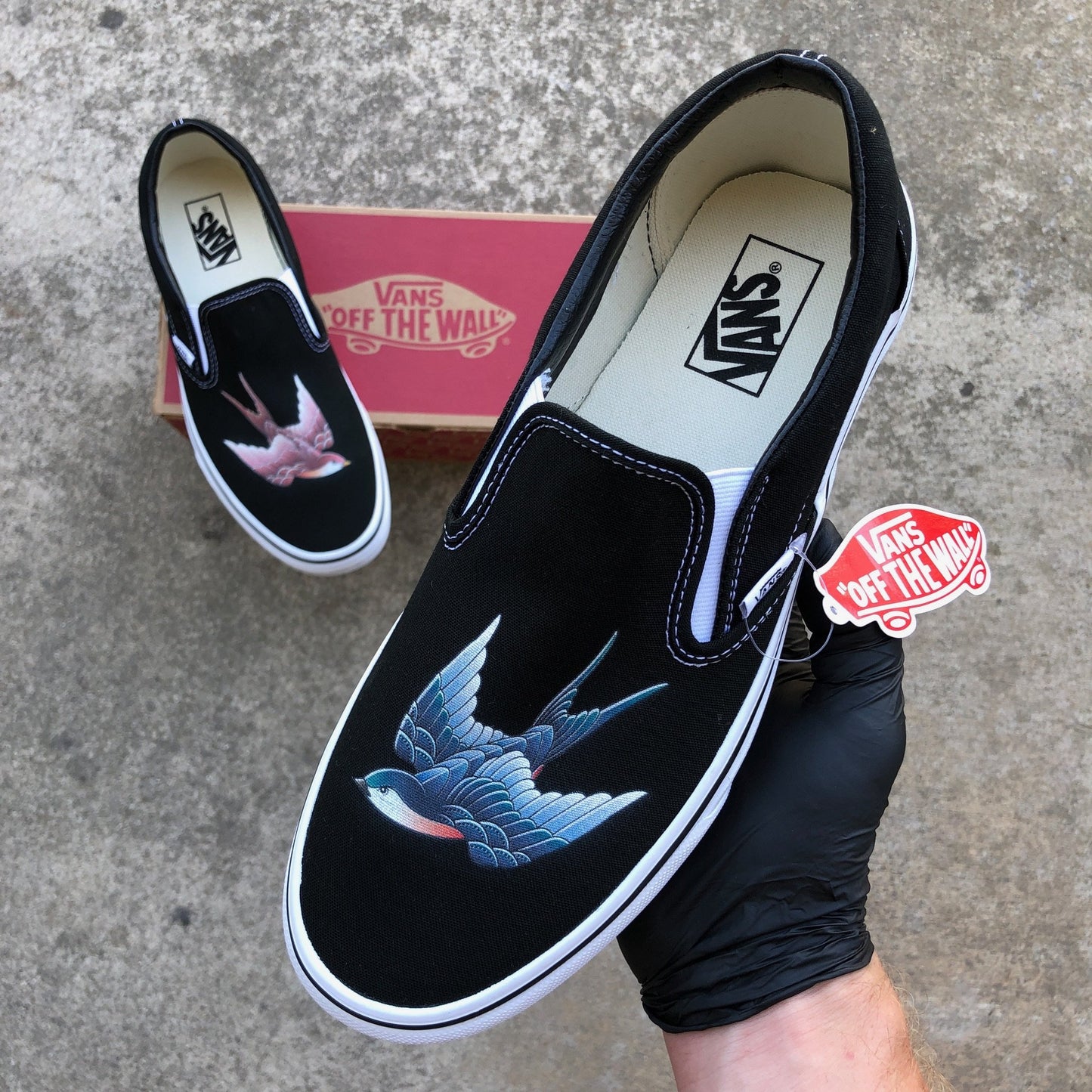 Kids Shoes - Red And Blue Sparrow Black Slip Ons