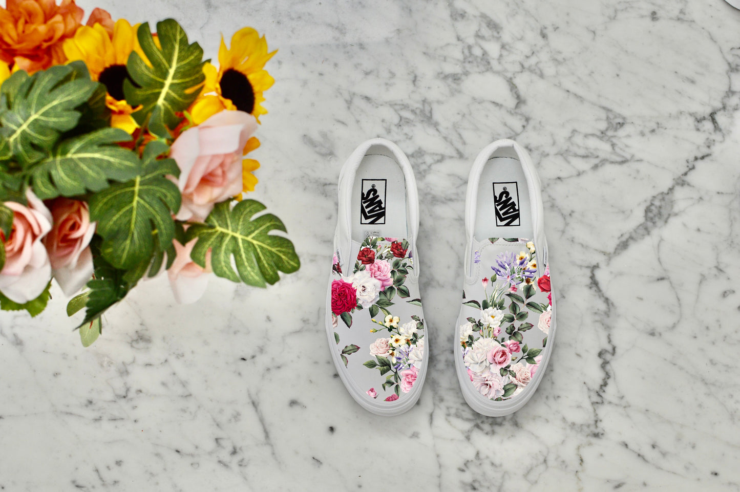 Red, Pink, and White Rose Floral Custom Shoes - Custom White Slip On Shoes for Custom Wedding, Bride, Maid of Honor, Bridesmaids, Flower Girl