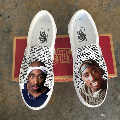Custom Tupac White Slip Ons Wish