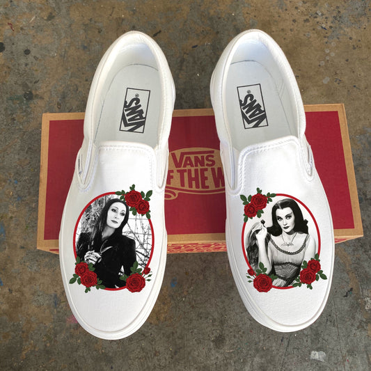 Goth Goddesses - Morticia Addams and Lily Munster Custom Slip Ons Wish