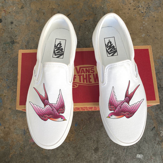 Red Sparrow - White Slip Ons Wish