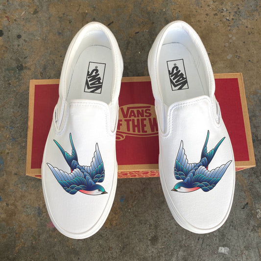 Blue Sparrow - White Slip Ons - Custom Vans Shoes