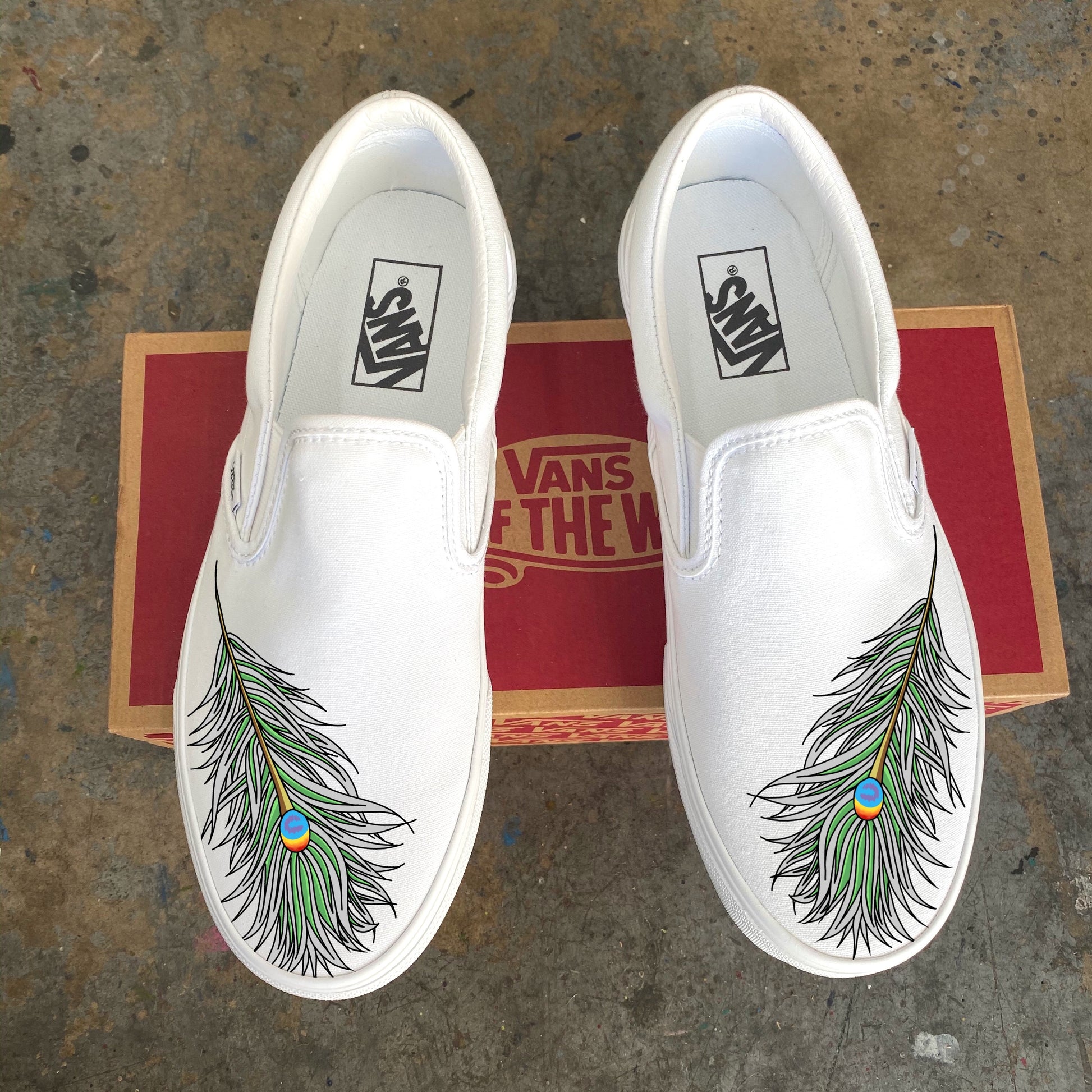 Peacock Feather Black Slip Ons Wish