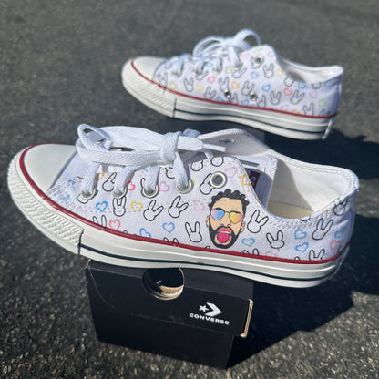 Bad Bunny Valentines Day Rainbow Heart Portrait Custom Low Top Converse White: LIMITED TIME ONLY - Custom Converse Shoes