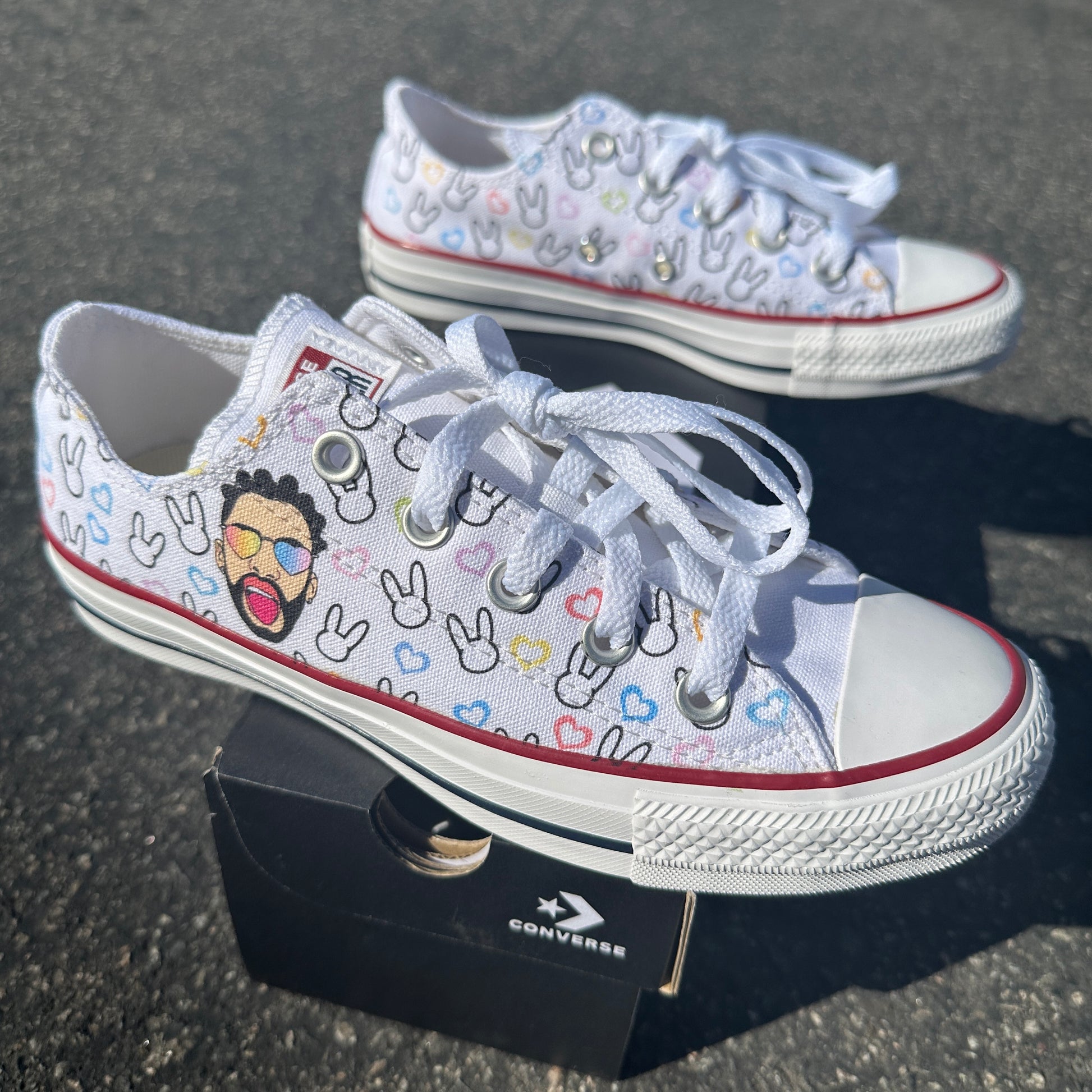 Bad Bunny Valentines Day Rainbow Heart Portrait Custom Low Top Converse White: LIMITED TIME ONLY - Custom Converse Shoes