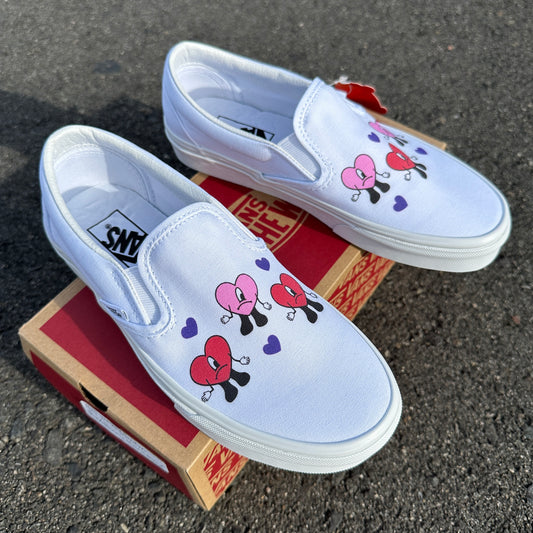 Bad Bunny Valentines Day Heart Band Custom Slip On Vans: LIMITED TIME ONLY - Custom Vans Shoes