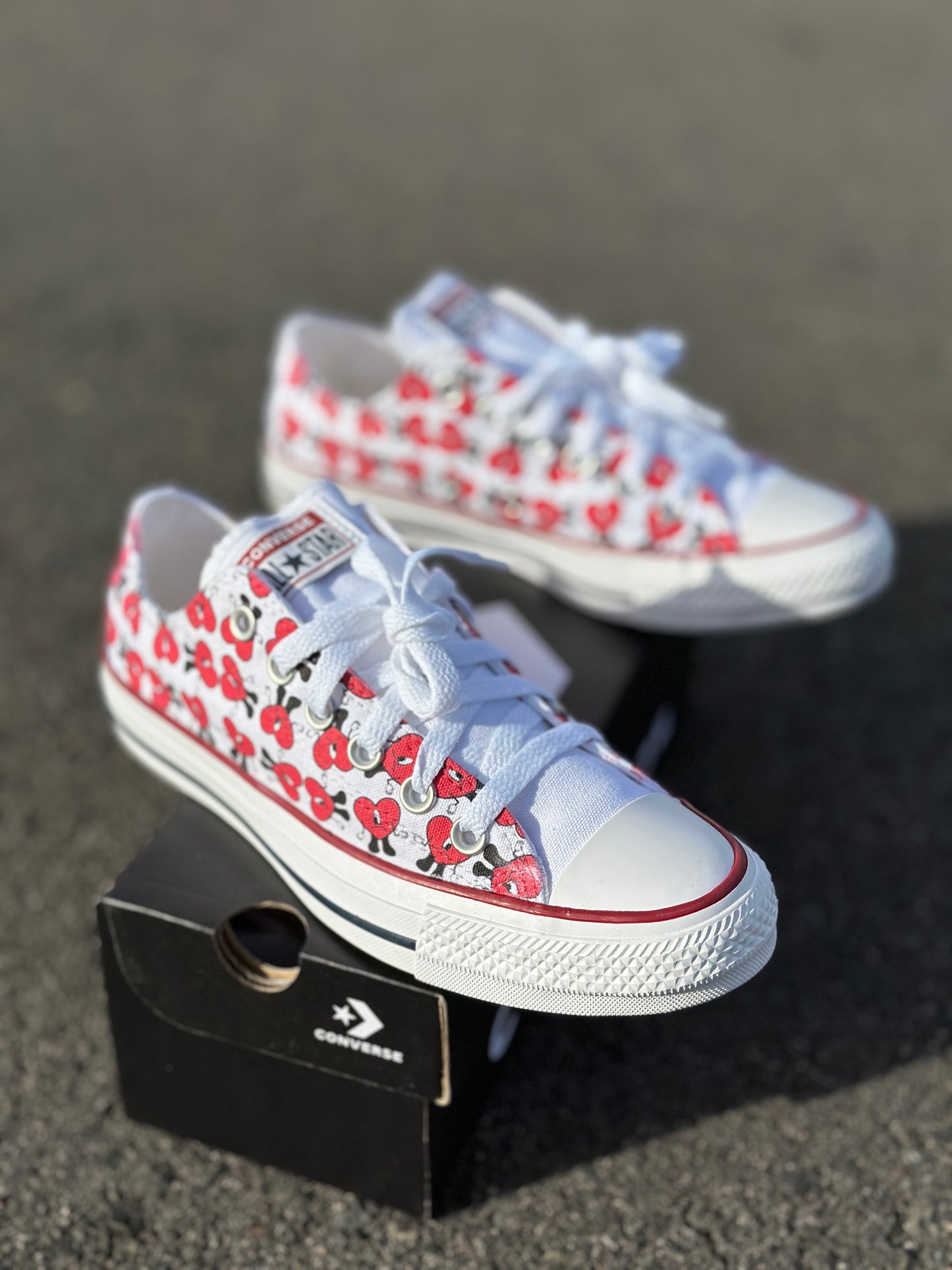 Bad Bunny Valentines Day Red Heart Pattern Custom Low Top Converse White: LIMITED TIME ONLY - Custom Converse Shoes