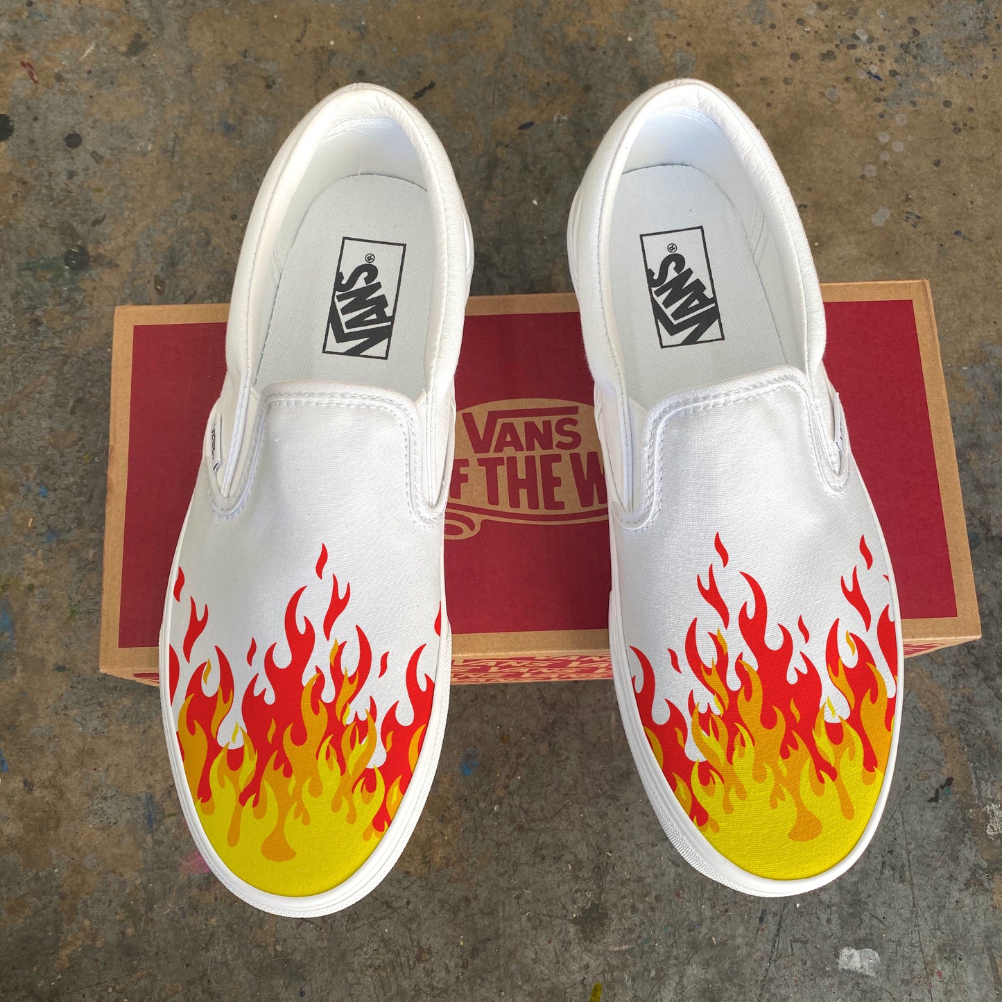 Hot Flame Shoes - Custom Vans White Slip On Shoes