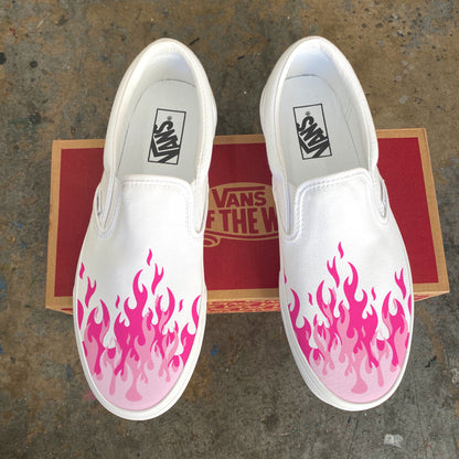 Hot Pink Flame Shoes - Custom Vans White Slip On Shoes