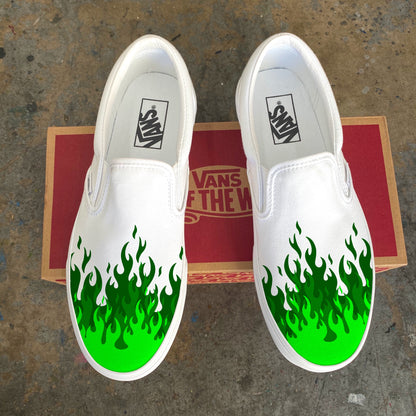 Hot Green Flame Shoes - Custom Vans White Slip On Shoes
