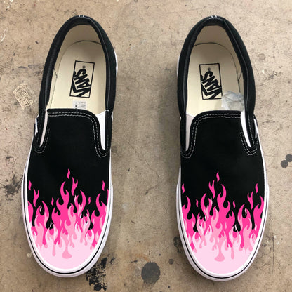 Hot Pink Flame Shoes - Custom Vans Black Slip On Shoes