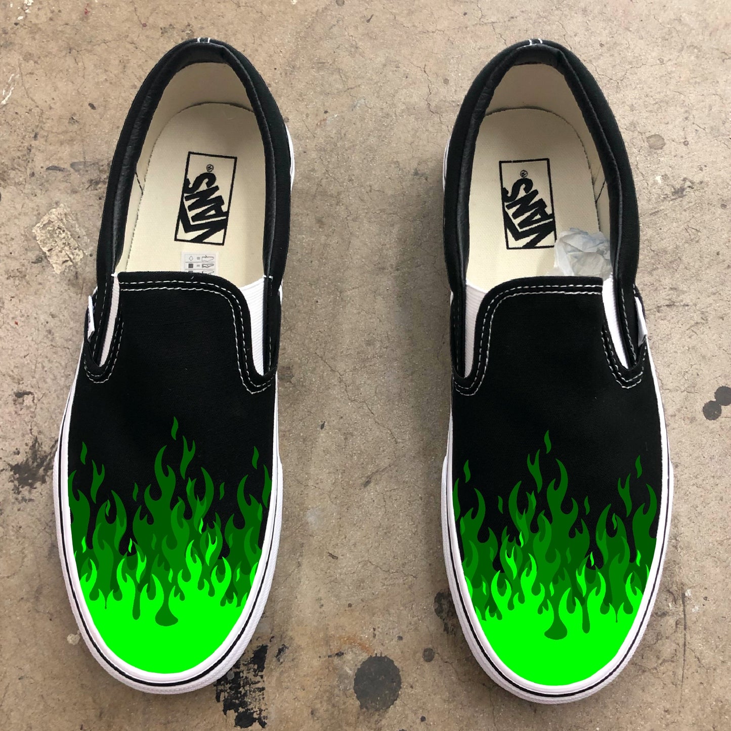 Hot Green Flame Shoes - Custom Vans Black Slip On Shoes