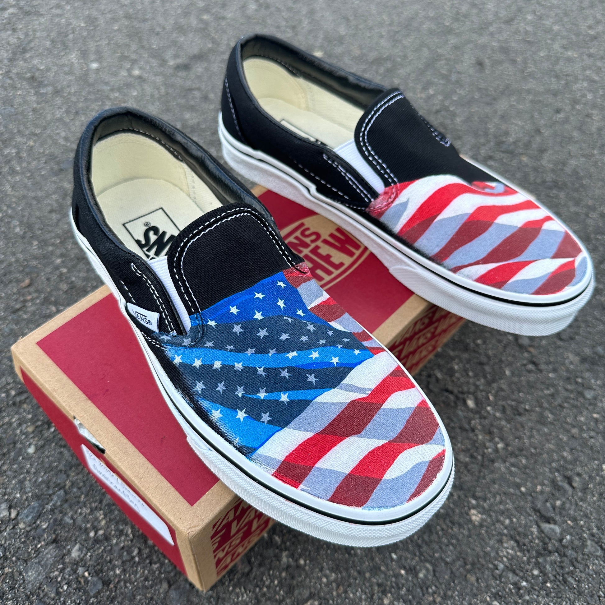 Slip On Vans Black - American Flag Made USA - Custom Shoes – BlvdCustom