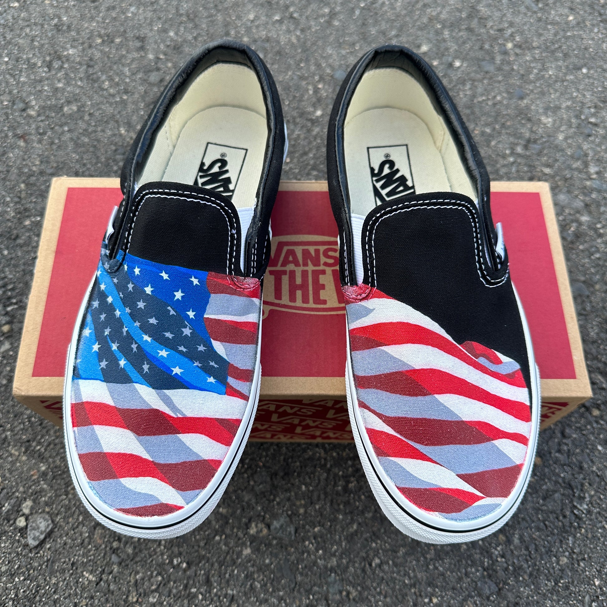 Slip On Vans Black - American Flag Made USA - Custom Shoes – BlvdCustom