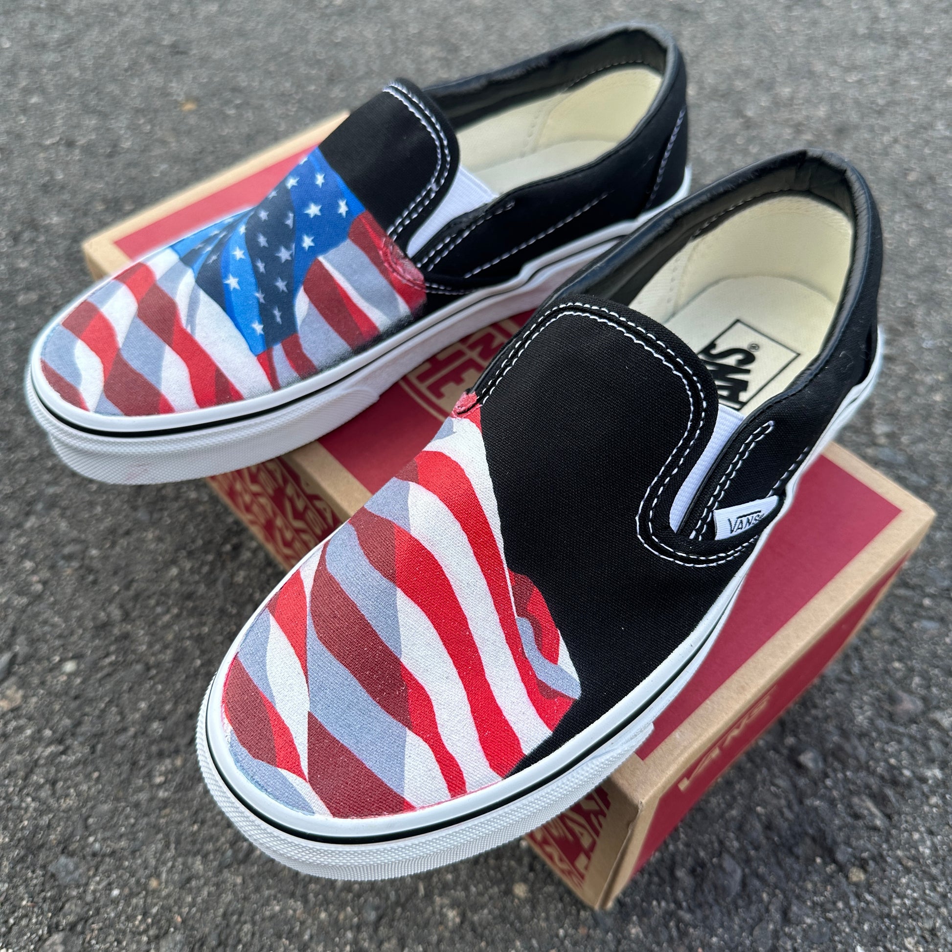 Slip On Vans Black - American Flag Made USA - Custom Shoes – BlvdCustom