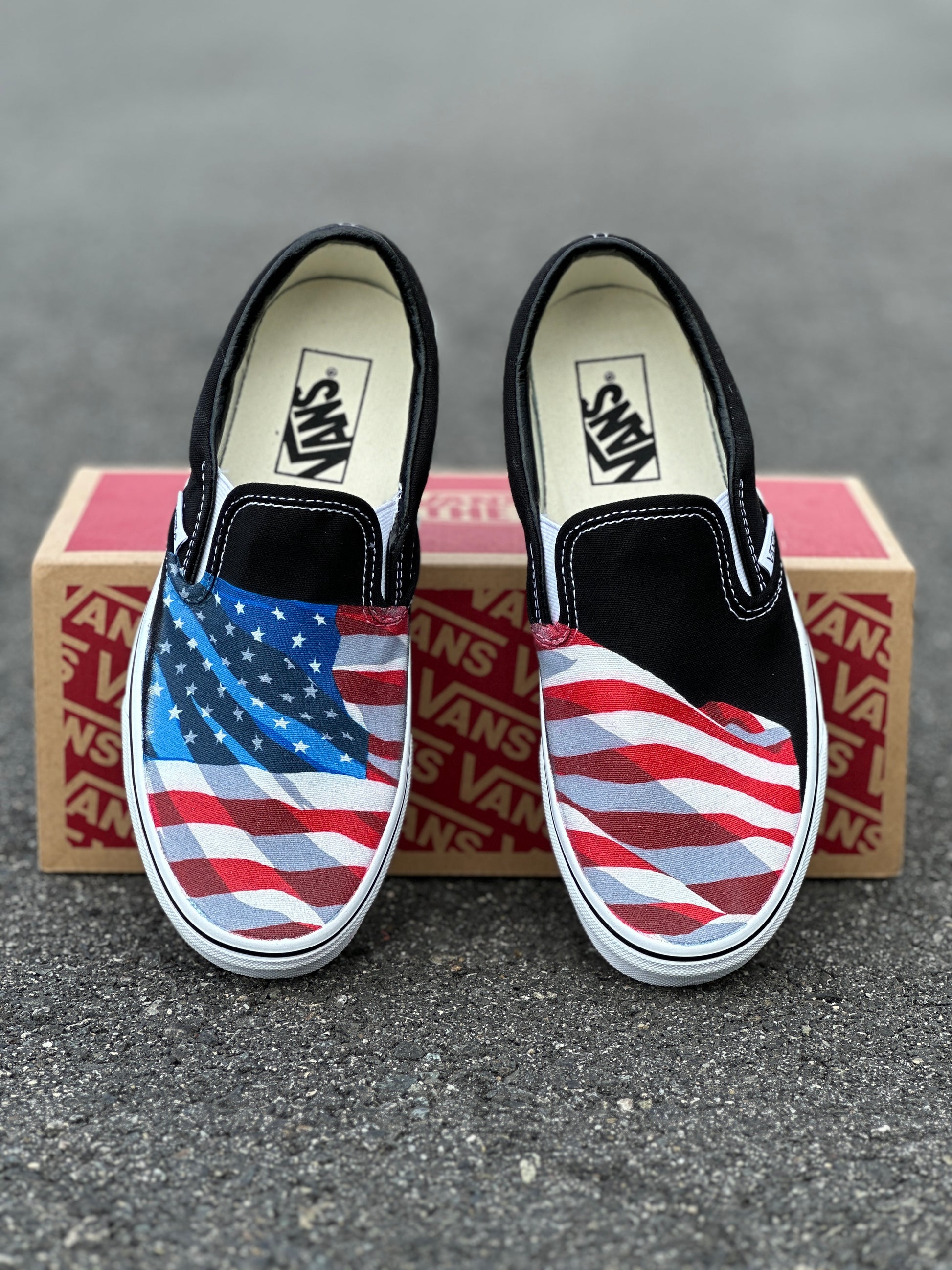Black Slip On Vans Shoes for Men and Women Featuring American Flag Made in USA - Custom Vans Shoes