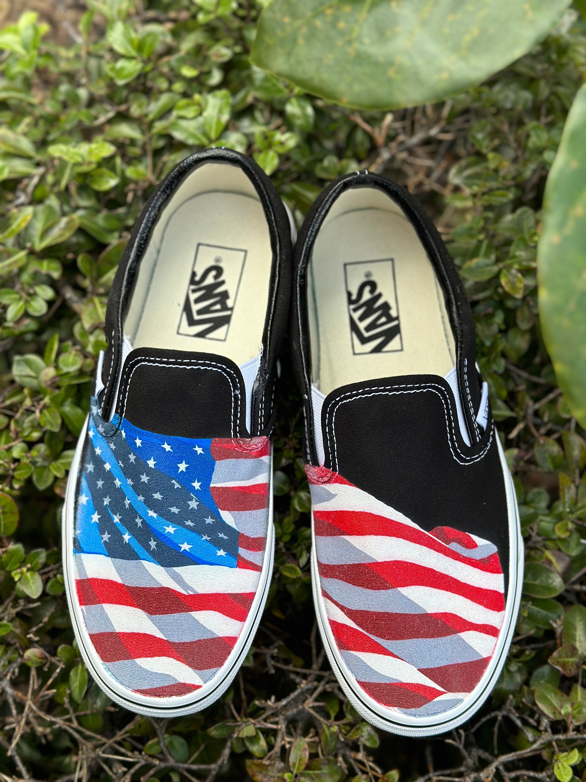 Slip On Vans Black - American Flag Made USA - Custom Shoes – BlvdCustom