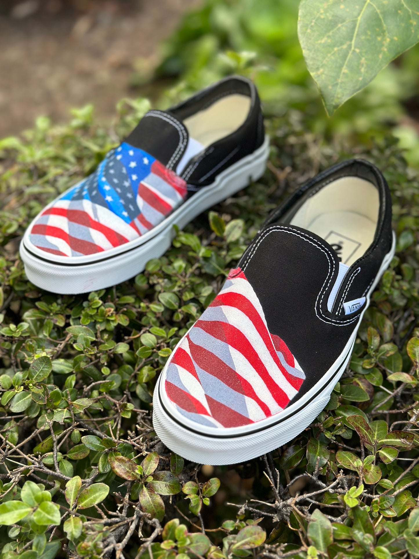 Black Slip On Vans Shoes for Men and Women Featuring American Flag Made in USA - Custom Vans Shoes