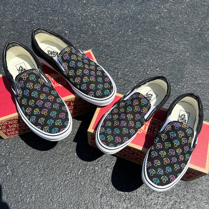 Rave Trippy Mushroom Shoes - Custom Vans Black Slip On Shoes