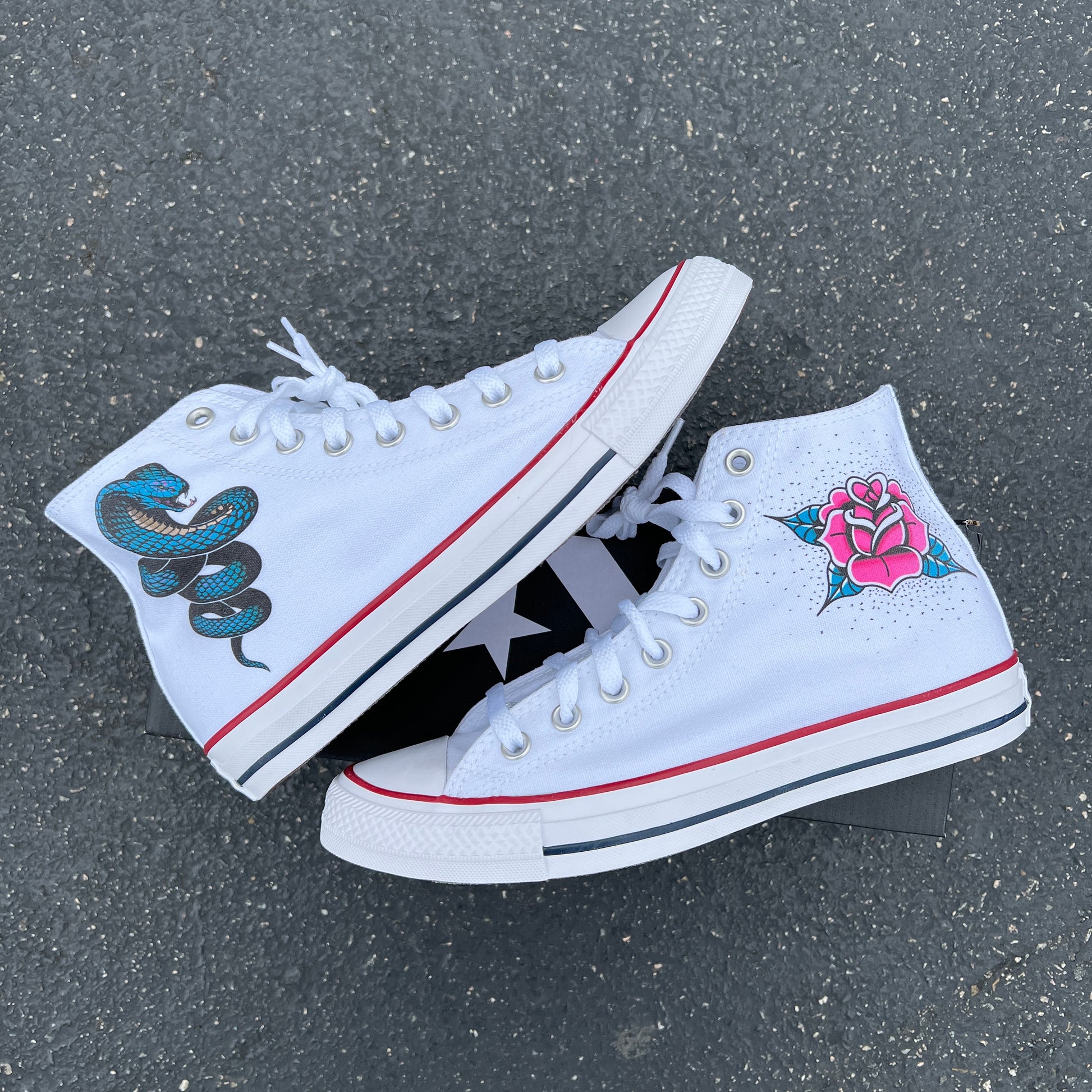 Cobra Snake Rose Flower Tattoo Themed High Top - Custom Converse Shoes BlvdCustom