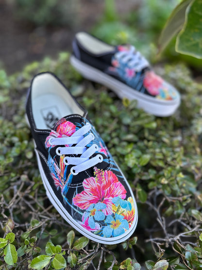 Tropical Floral Black/White Vans Authentic Lace Up Shoes