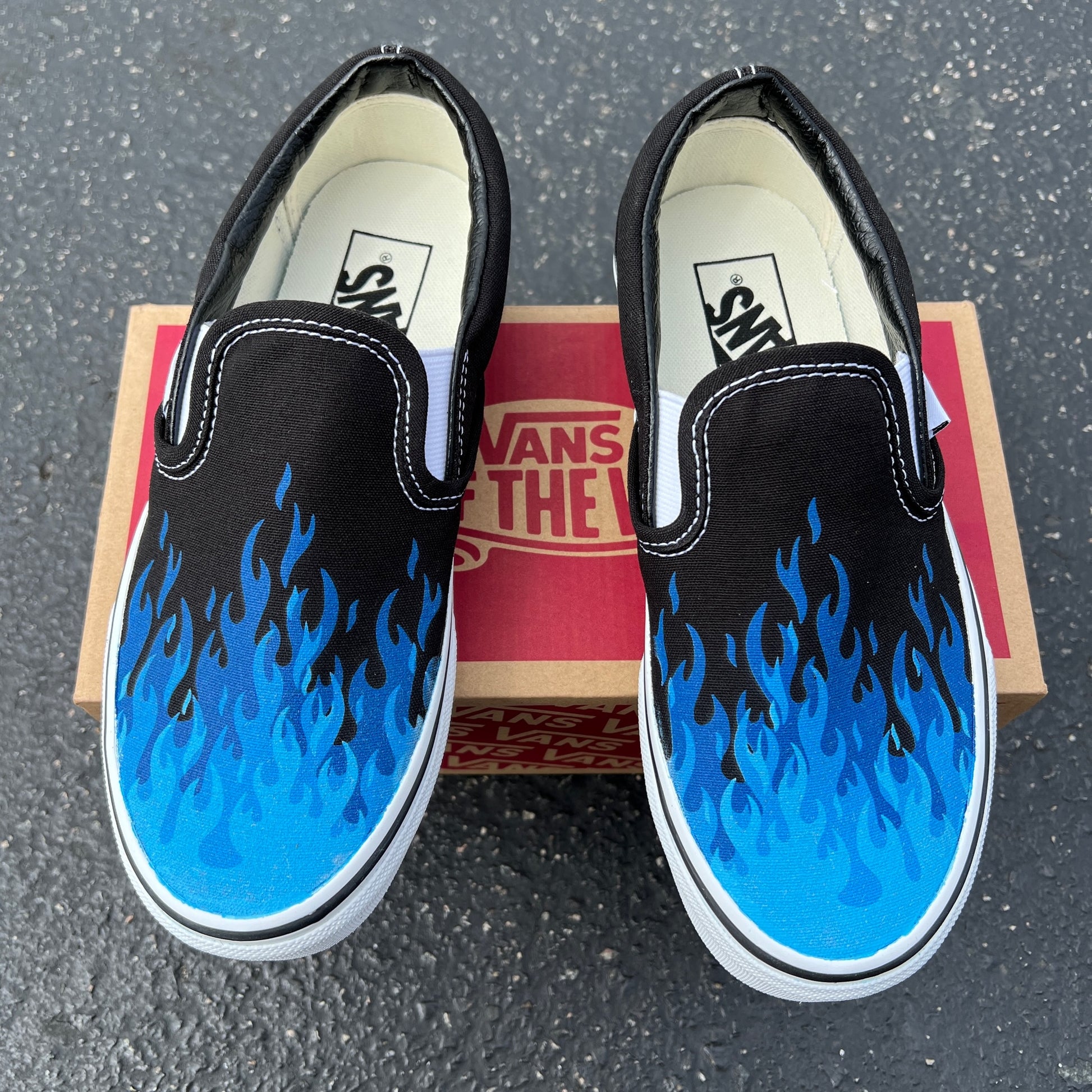Hot Blue Flame Shoes Custom Vans Black Slip On Shoes – BlvdCustom