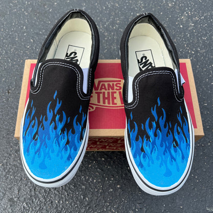 Hot Blue Flame Shoes - Custom Vans Black Slip On Shoes