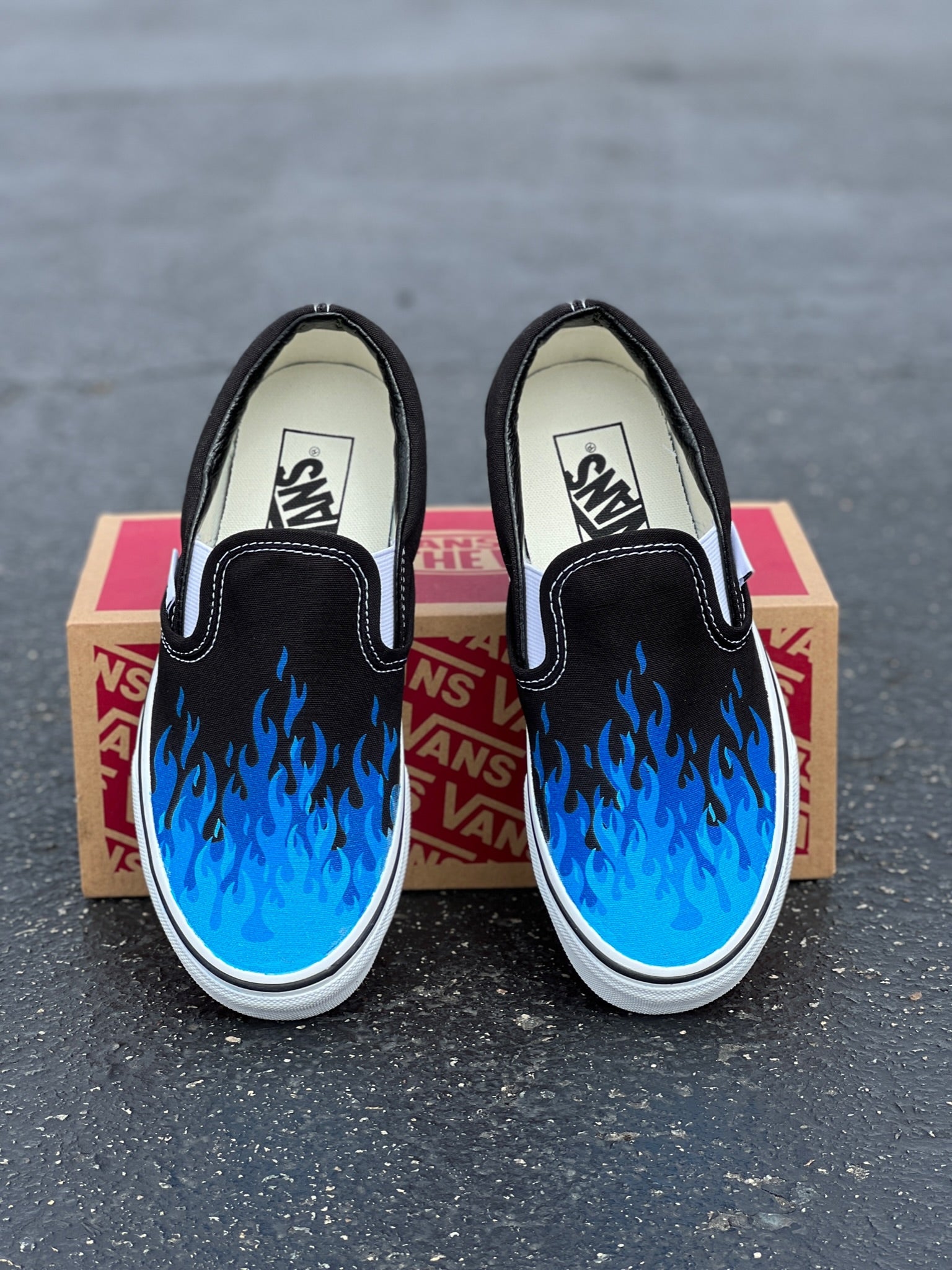 Hot Blue Flame Shoes - Custom Vans Black Slip On Shoes