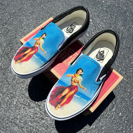 Vintage Hula Dancer Tropical Beach Hawaii Slip On Vans