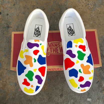 Rainbow Cow Print - Custom White Slip On Vans Colorful Psychedelic Pride LGBTQIA+ Abstract Subtle Discreet Pride Accessory Paint Splatter