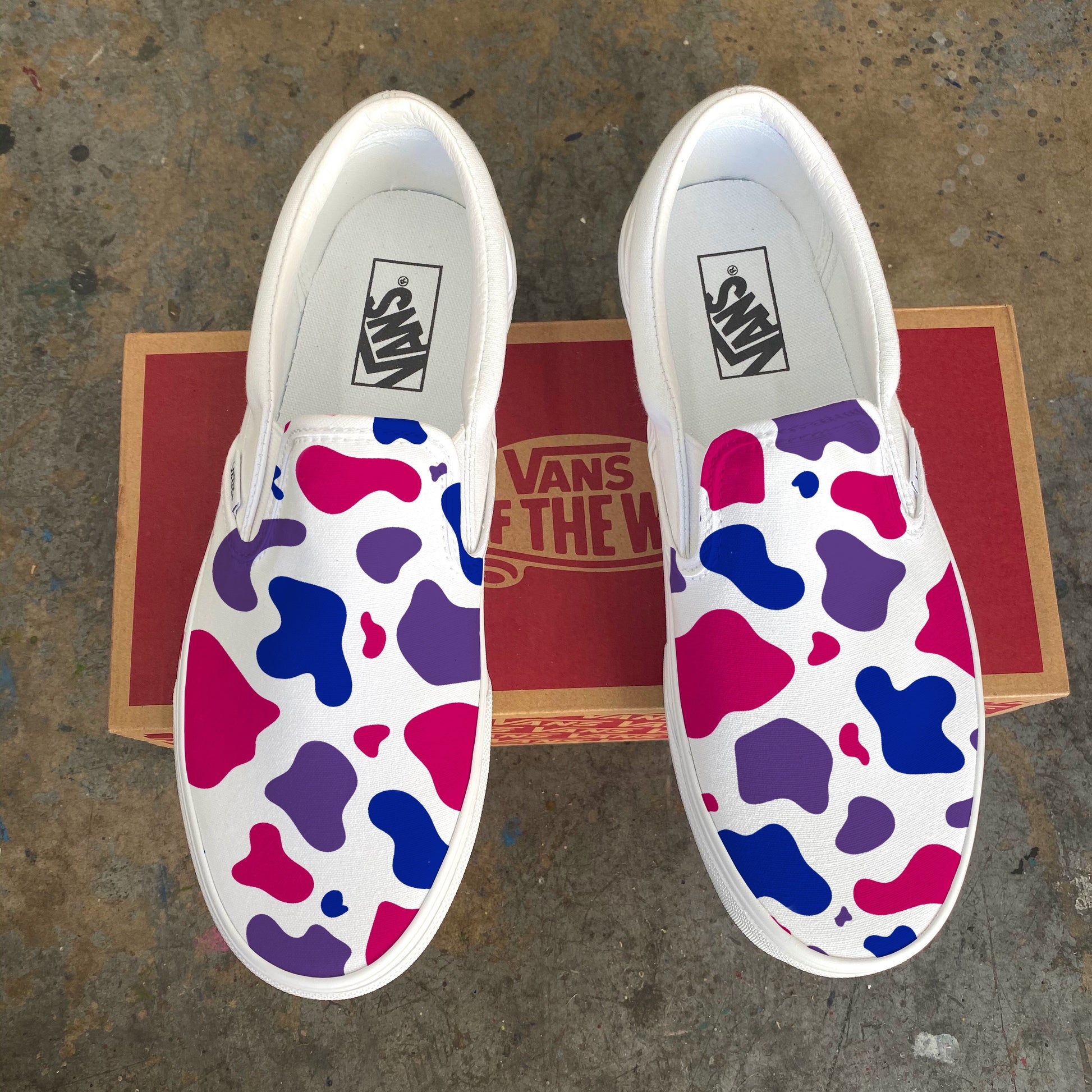 Bisexual Cow Print - Custom White Slip On Vans LGBTQIA+ Abstract Subtle Discreet Pride Bi Flag Pink Purple Blue Accessory Paint Splatter - Custom Vans Shoes 