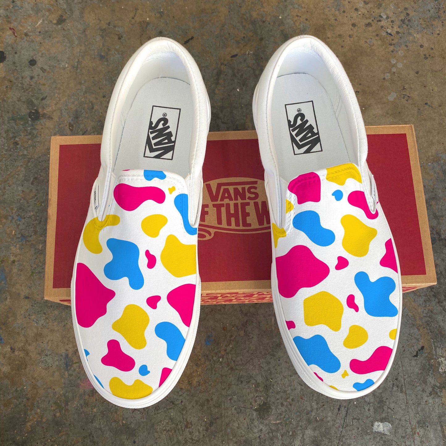 Pansexual Cow Print - Custom White Slip On Vans LGBTQIA+ Abstract Subtle Discreet Pride Pan Flag Pink Yellow Blue Accessory Paint Splatter