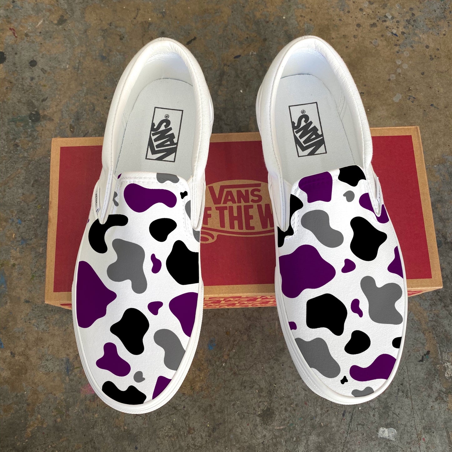 Asexual Cow Print - Custom White Slip On Vans LGBTQIA+ Abstract Subtle Discreet Pride Ace Flag Black Gray Purple Accessory Paint Splatter - Custom Vans Shoes