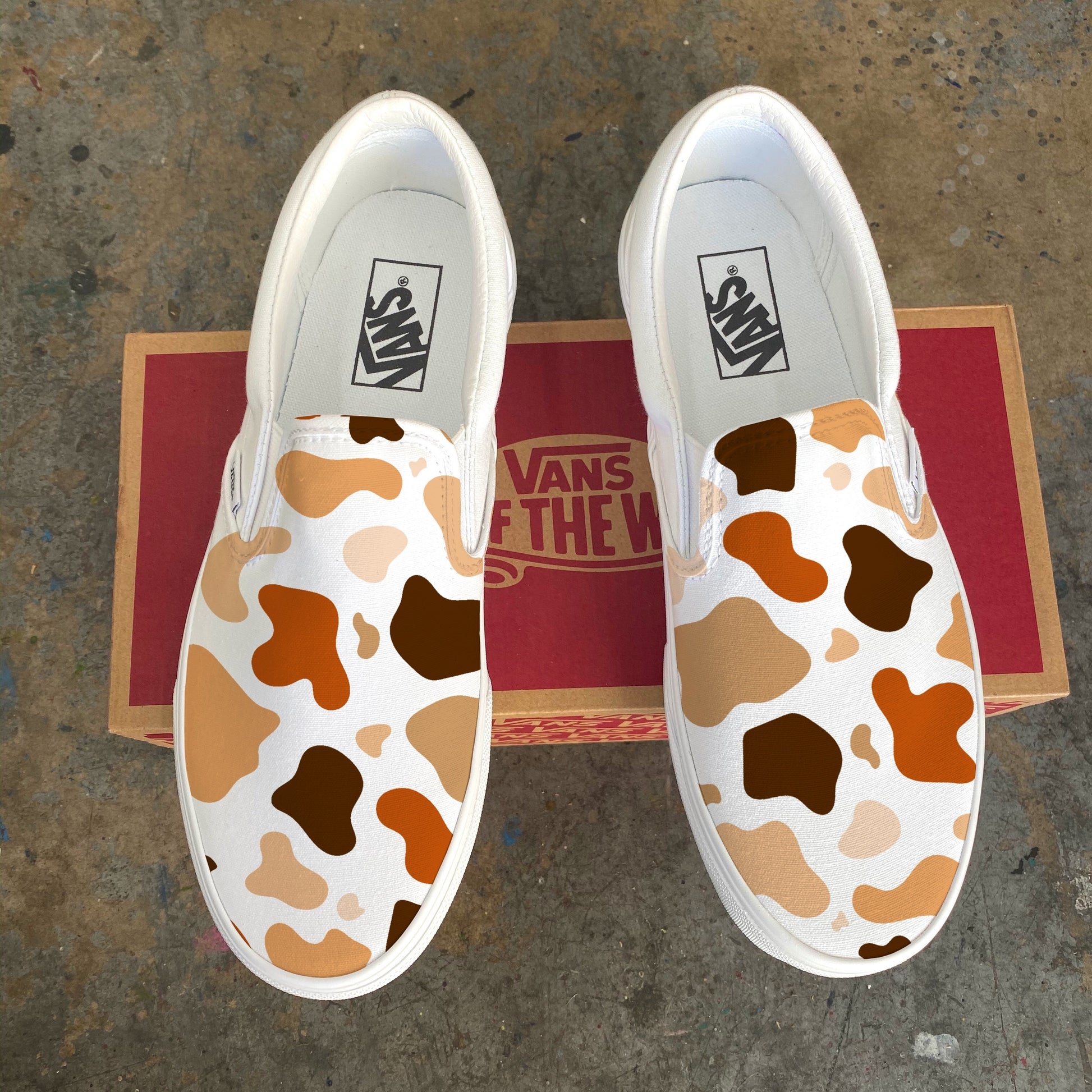 Coffee Cow Print - Custom White Slip On Vans Abstract Cow Print Spots Accessory Paint Splatter Neutrals Cafe Latte Kawaii Autumn Fall Color - Custom Vans Shoes