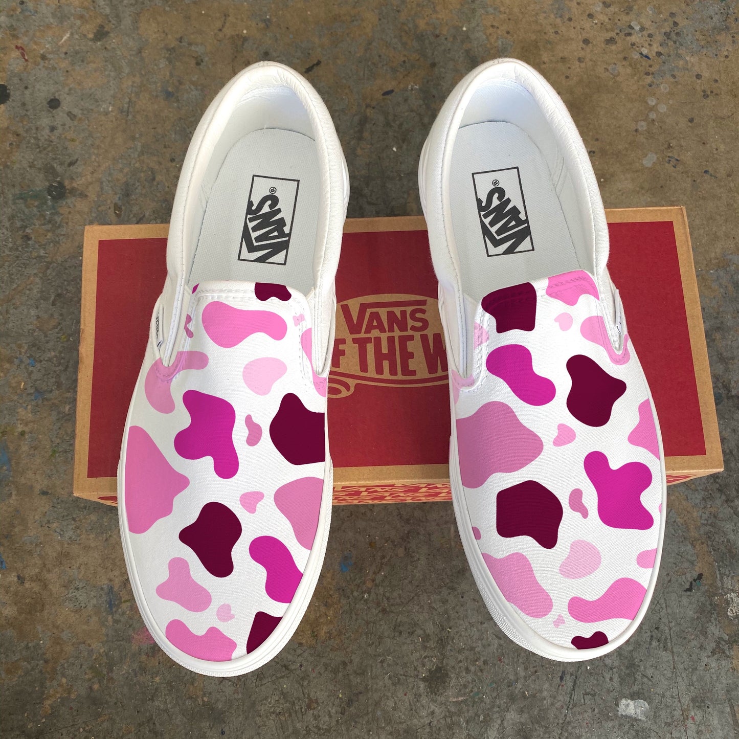 Pink Cow Print - Custom White Slip On Vans Abstract Cow Print Spots Accessory Paint Splatter Hot Pink Magenta Kawaii Spring Summer Color