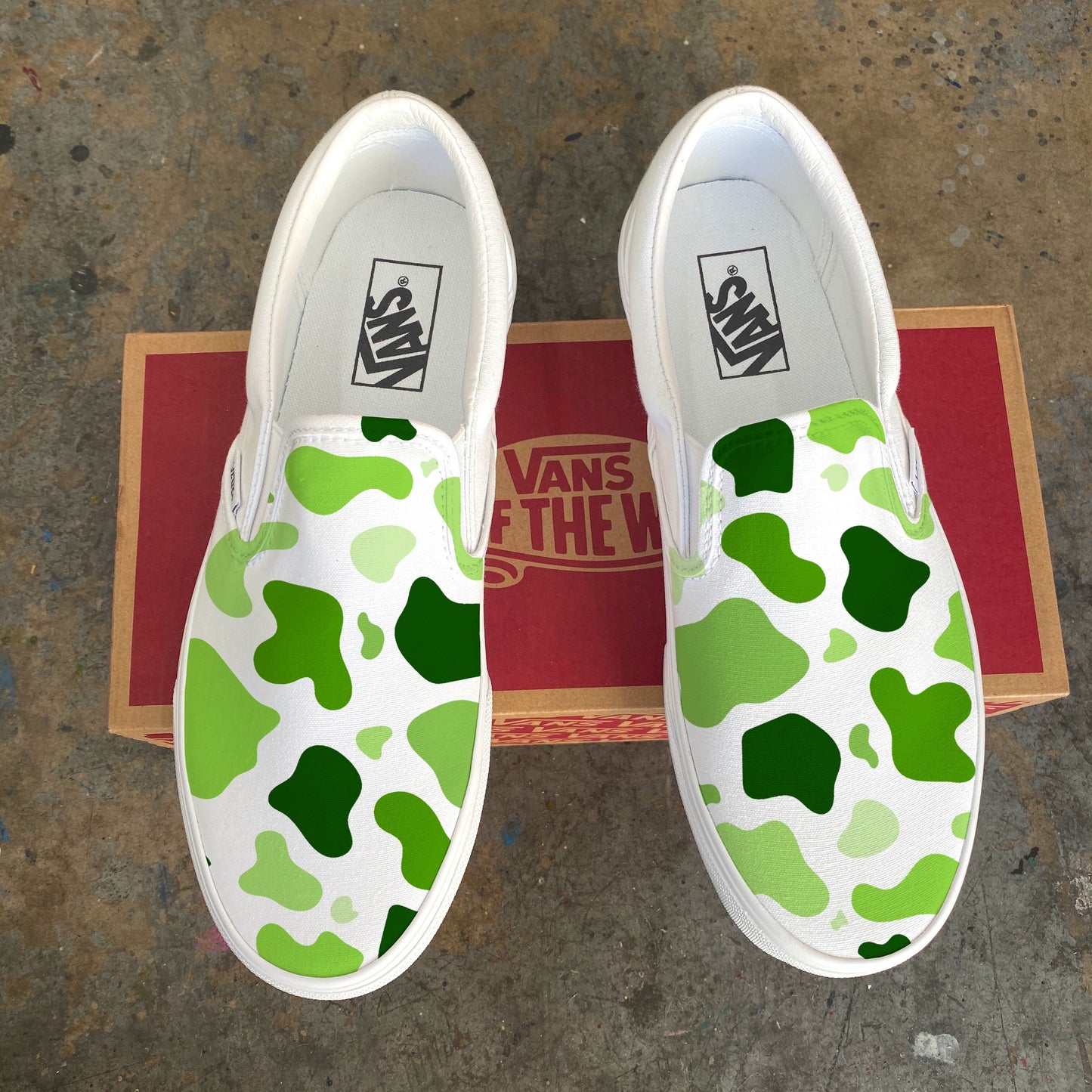 Green Cow Print Camo- Custom White Slip On Vans - Custom Vans Shoes
