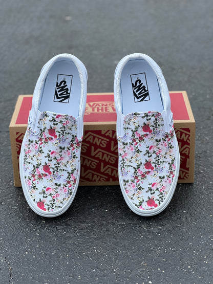 Classic Vintage Floral Pattern - Custom Vans White Slip On Shoes - Custom Vans Shoes